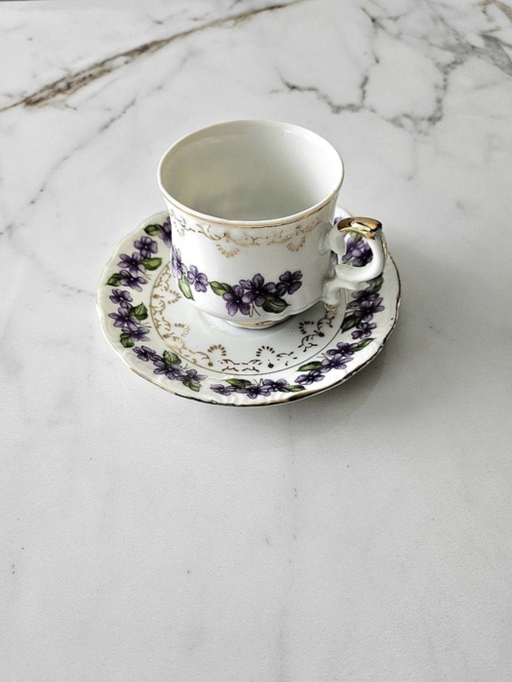 Vintage Inarco Japan Purple Violets Demitasse Teacup and Saucer Set